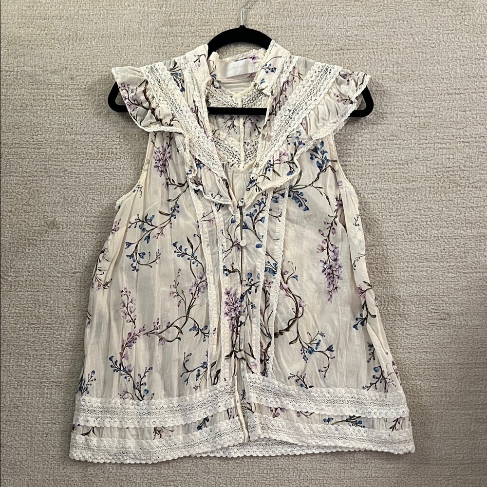Zimmermann Paradiso Sleeveless Floral Ruffle Blouse